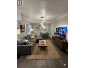 A living room with a grey couch, a coffee table, a flat screen TV and a rug.