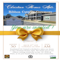 A ribbon cutting ceremony invitation for Christian Homes Arts.