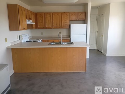 A kitchen with a white fridge and a brown rug on the floor.