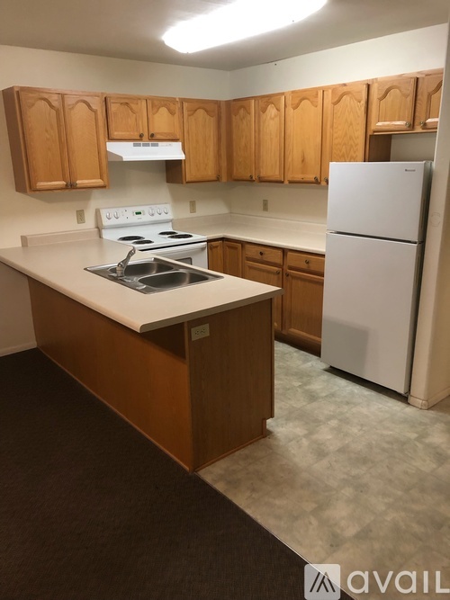 A kitchen with wooden cabinets and a white fridge.