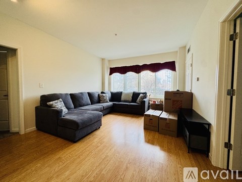 A living room with a black couch and a window with red curtains.