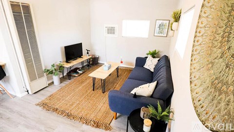 A living room with a blue couch and a television.