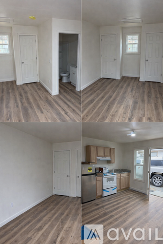 A room with wooden floors and white walls is shown in four different angles.