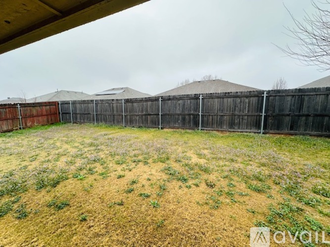 A backyard with a fence and a grassy field.