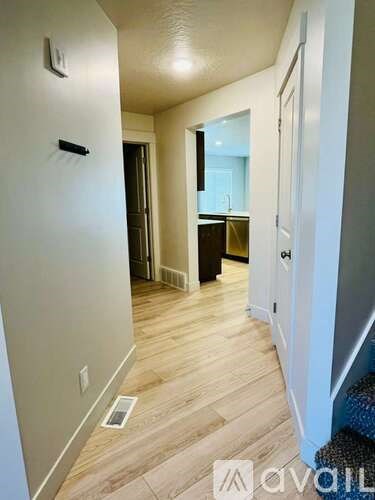 A hallway with a door on the left and a kitchen area in the distance.