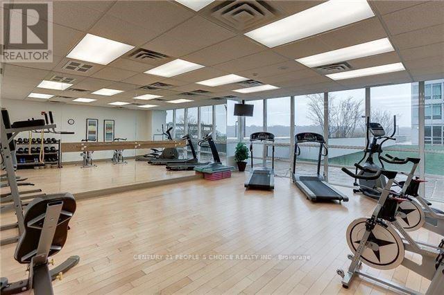 A gym with a variety of exercise equipment including treadmills, stationary bikes, and weight machines.