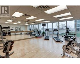 A gym with a variety of exercise equipment including treadmills, stationary bikes, and weight machines.