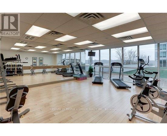 A gym with a variety of exercise equipment including treadmills, stationary bikes, and weight machines.