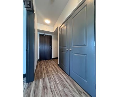 A hallway with wood flooring and blue doors.