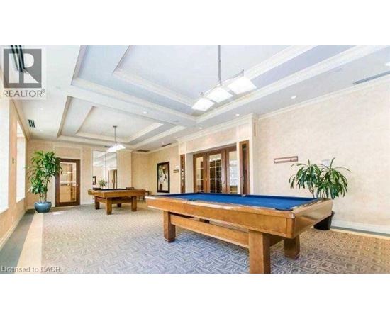 A room with a pool table and a plant.