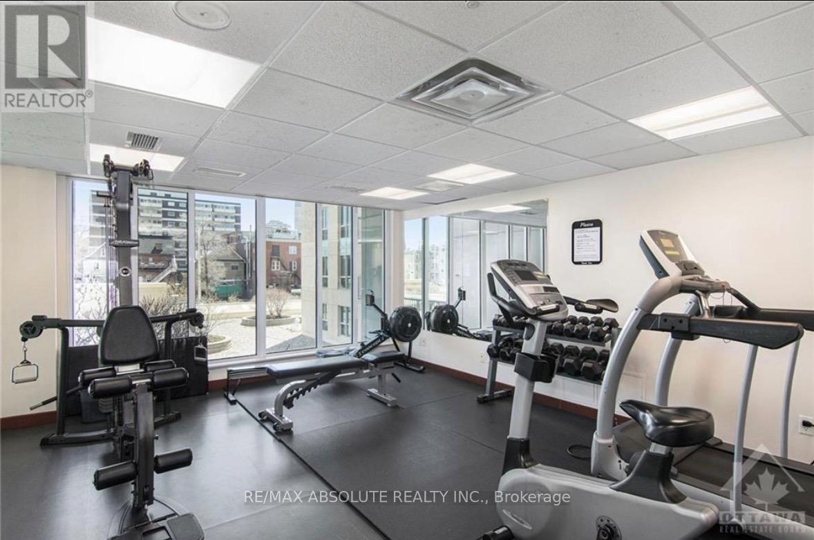 A gym with a variety of equipment including a treadmill, a stationary bike, and a rowing machine.