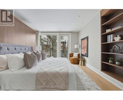 A bedroom with a large bed and a window overlooking a cityscape.