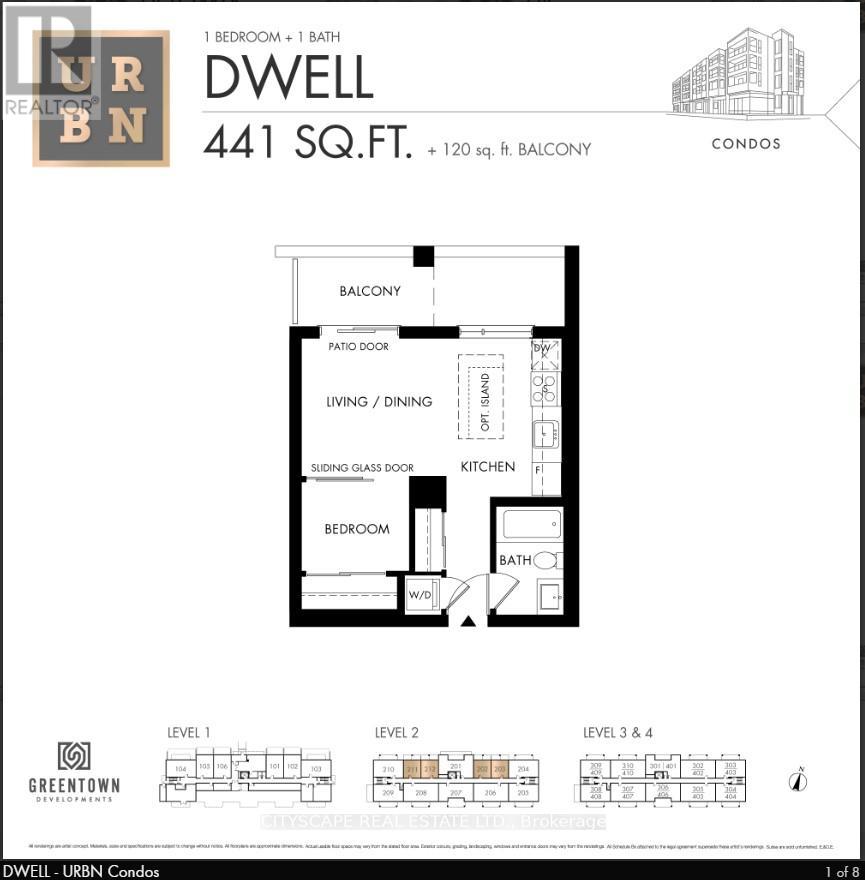 A floor plan for a 1 bedroom, 1 bath condo in Dwell, Urban Realtor.