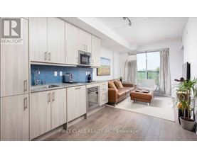 A modern kitchen with wooden cabinets and a blue backsplash.