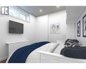 A bedroom with a bed, a television, and two pictures on the wall.