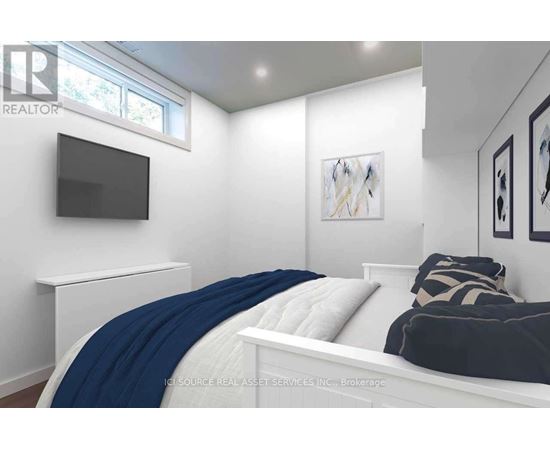 A bedroom with a bed, a television, and two pictures on the wall.