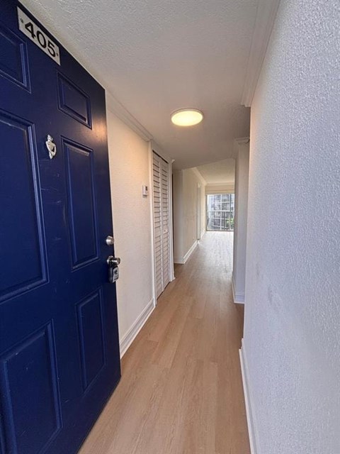 A hallway with a blue door and white walls.