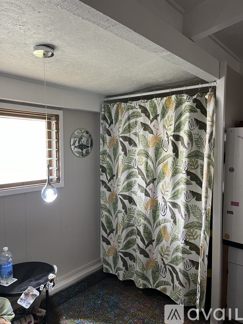 A room with a shower curtain and a round table.