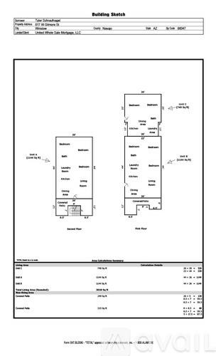A building sketch with a floor plan and a table of specifications.
