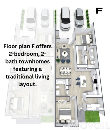 A floor plan for a 2-bedroom, 2-bath townhome with a traditional layout is displayed.