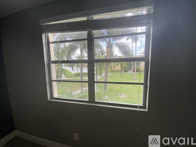 A window with a view of a green lawn and trees outside.