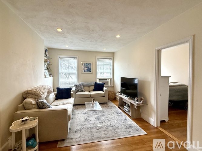 A living room with a white couch, a wooden coffee table, and a white rug.