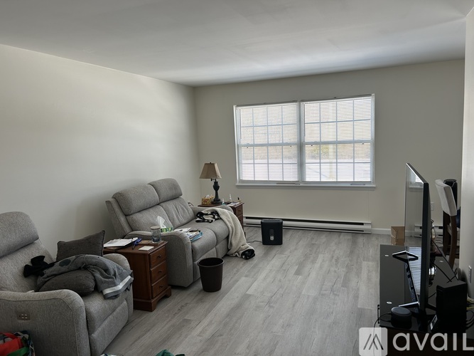A living room with a grey sofa and a grey recliner.
