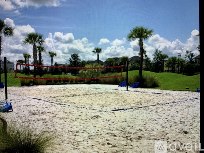 A sandy area with a red fence and palm trees in the background.