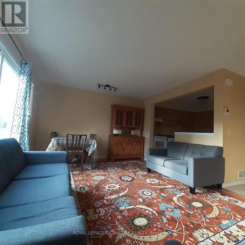 A living room with a blue couch and a rug with a floral pattern.