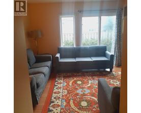 A living room with a grey couch, a grey chair, and a red patterned rug.