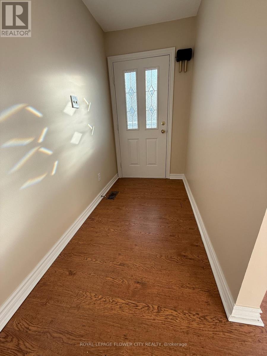 A hallway with a white door and wooden floor.