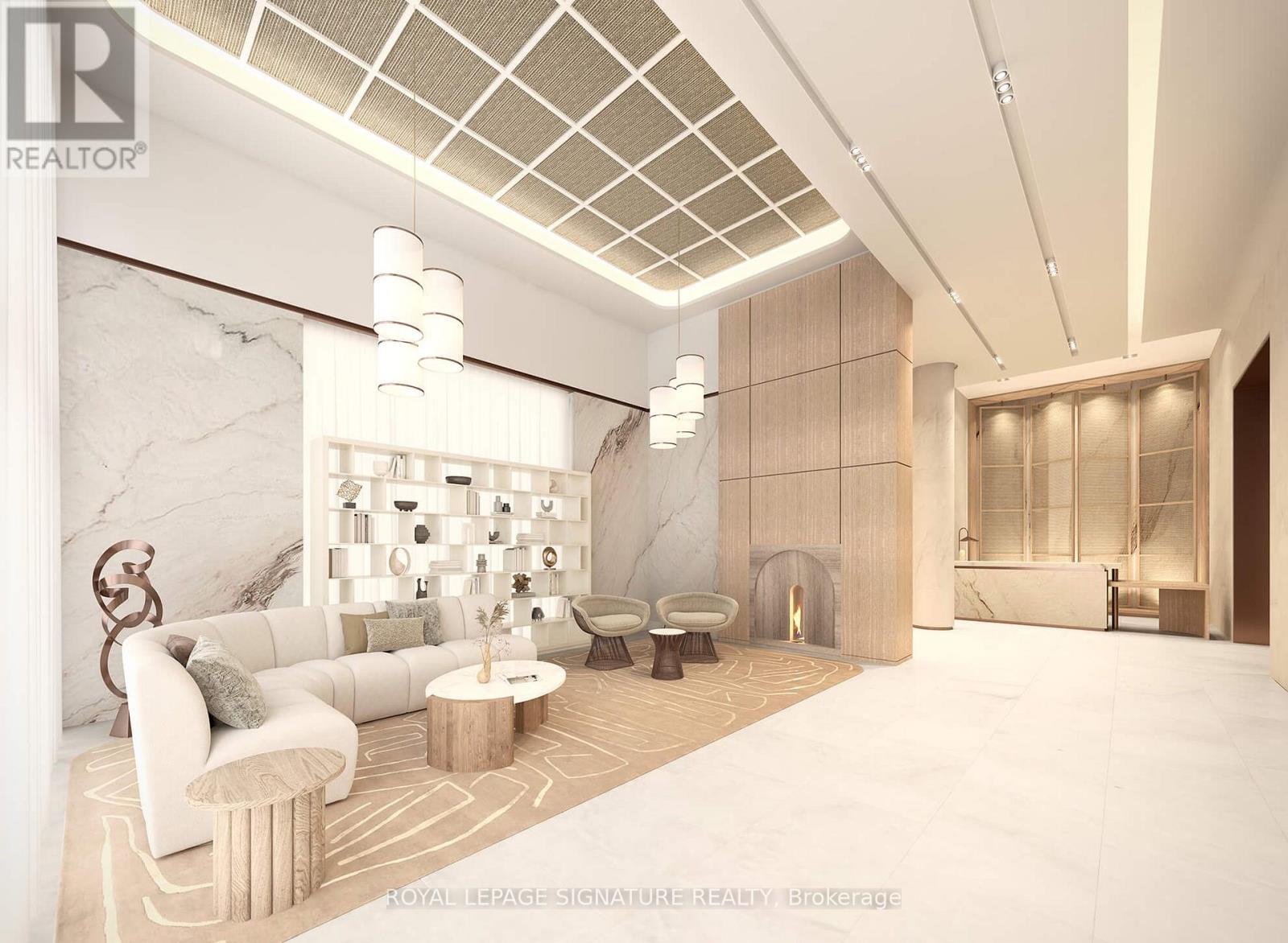 A modern living room with a white sofa and a marble wall.