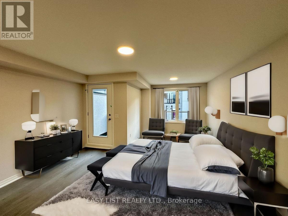 A bedroom with a large bed, a dresser, and a mirror on the wall.
