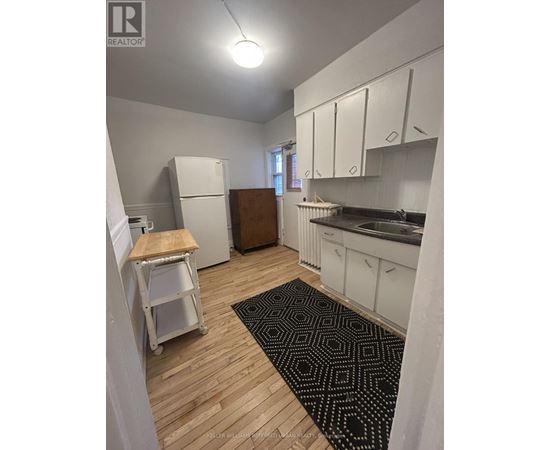 A kitchen with white cabinets and a black and white rug on the floor.