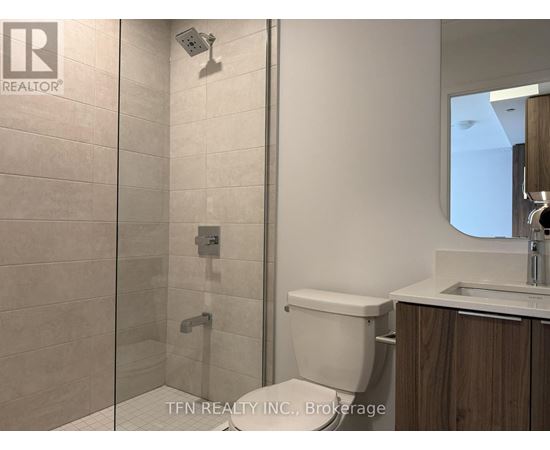 A bathroom with a walk-in shower and a toilet.
