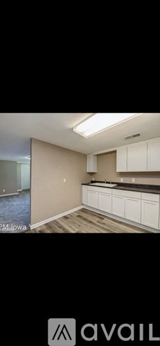 A room with white cabinets and a skylight.