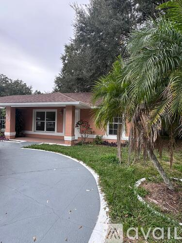 A house with a driveway and a palm tree in front.
