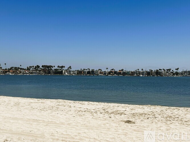 A beach with a clear blue sky and a line of trees in the distance.