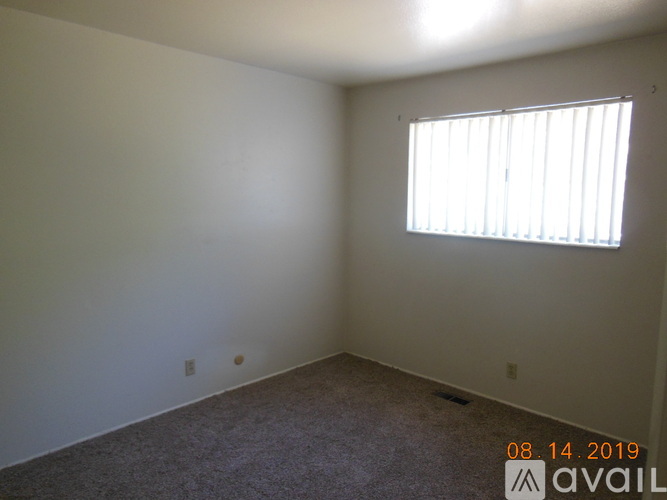 A room with a window and a carpeted floor.