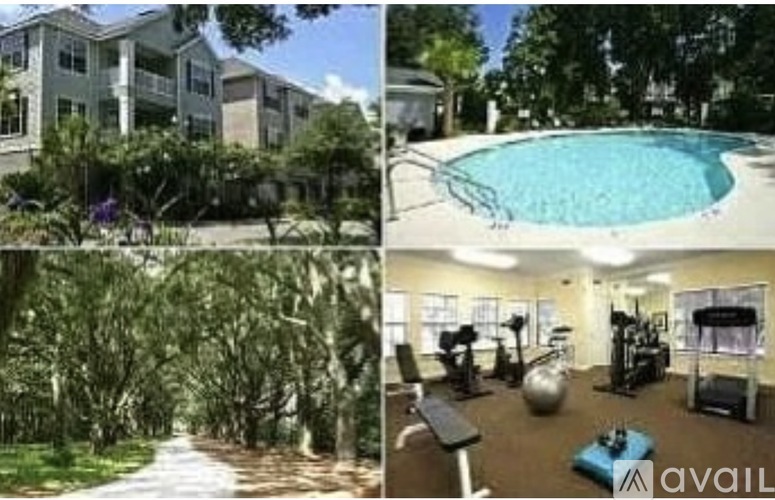 A collage of a house, a pool, a garden, and a gym.