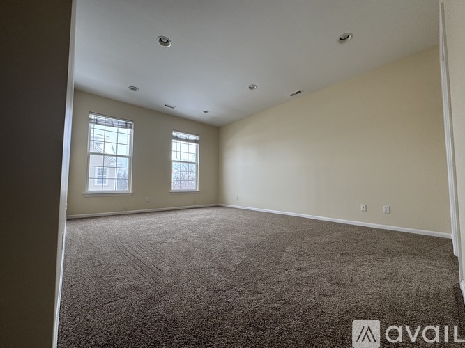 A room with carpeted floor and two windows.