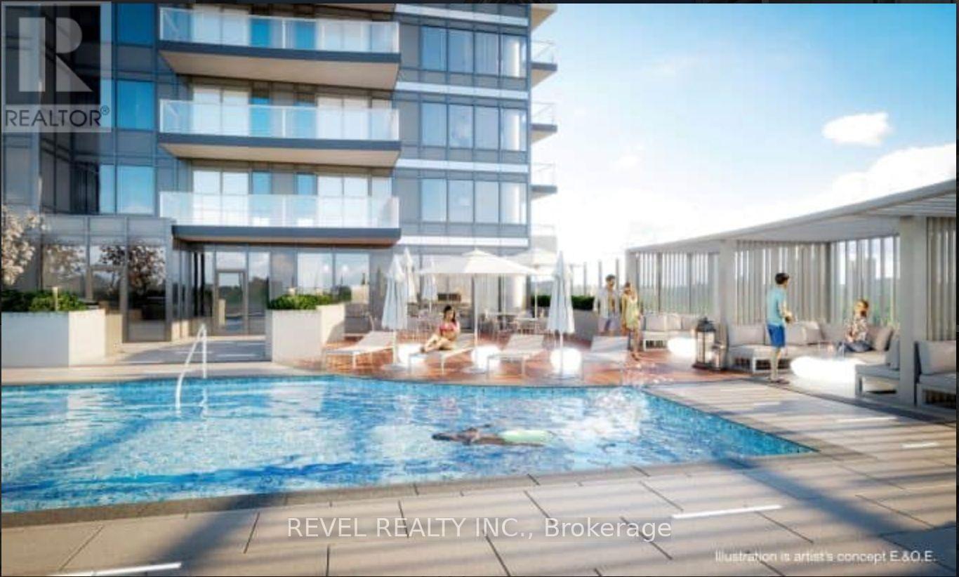 A swimming pool in front of a multi-story building with a sign that says "REALTOR".