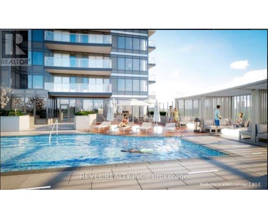A swimming pool in front of a multi-story building with a sign that says "REALTOR".