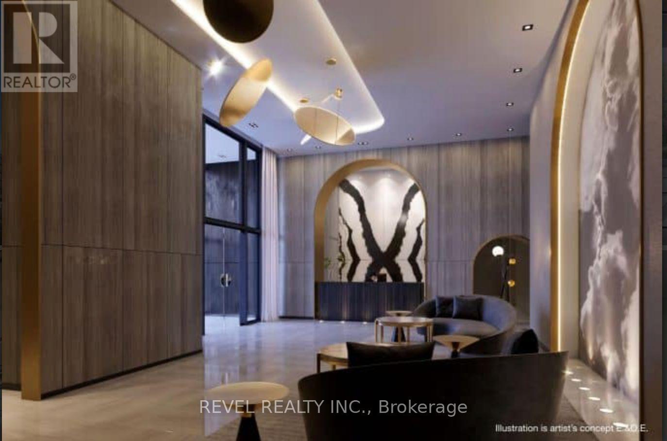 A modern living room with a large mirror and a dark wood finish.