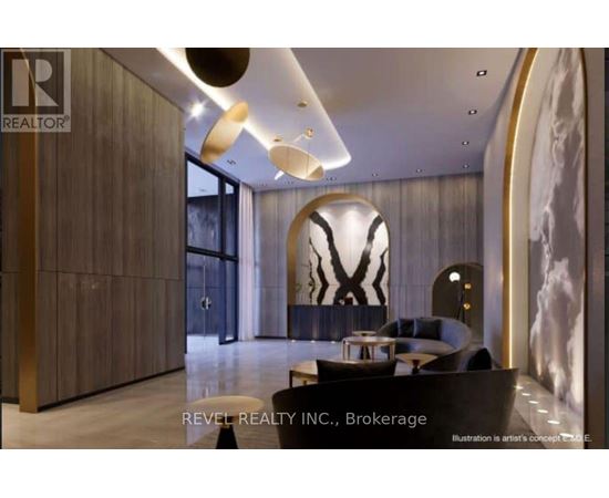 A modern living room with a large mirror and a dark wood finish.