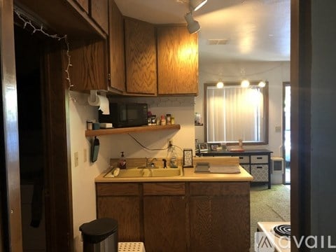 A kitchen with wooden cabinets and a black trash can.