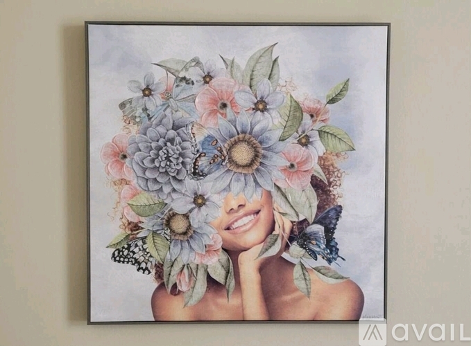 A woman with a floral arrangement on her head.
