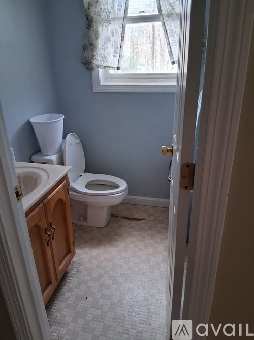 A bathroom with a toilet, sink, and a window.