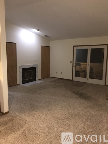 A living room with a fireplace and a carpet.