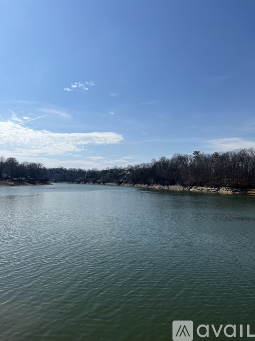 A calm river with trees on the side and a clear blue sky.